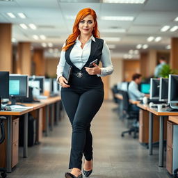 A full-length photograph of a plump, thick, and soft yet very beautiful young woman with flame red hair and striking blue eyes