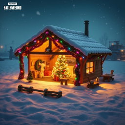 A vibrant and festive Christmas crib house set in a PUBG battlefield environment, surrounded by snow-covered terrain and military aesthetics