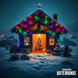 A vibrant and festive Christmas crib house set in a PUBG battlefield environment, surrounded by snow-covered terrain and military aesthetics