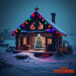 A vibrant and festive Christmas crib house set in a PUBG battlefield environment, surrounded by snow-covered terrain and military aesthetics