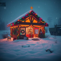 A vibrant and festive Christmas crib house set in a PUBG battlefield environment, surrounded by snow-covered terrain and military aesthetics