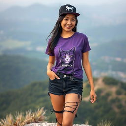 A beautiful Asian woman wearing a purple t-shirt with a cat graphic and the text 'Min Grace', paired with torn black denim shorts and sneakers