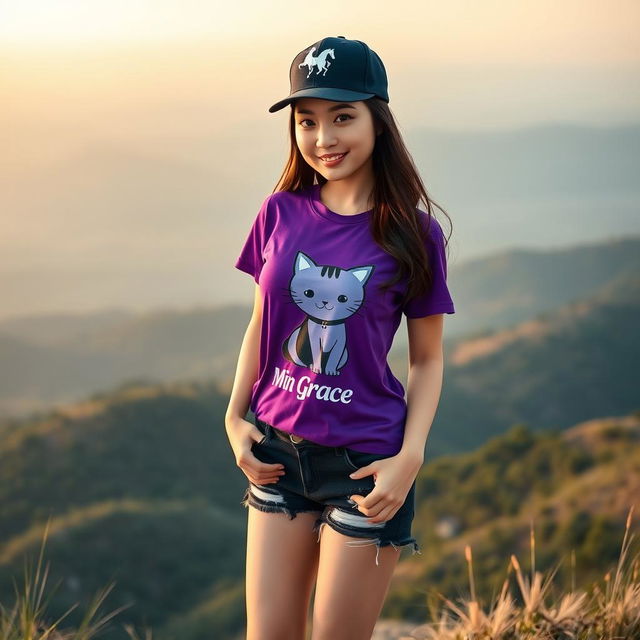 A beautiful Asian woman wearing a purple t-shirt with a cat graphic and the text 'Min Grace', paired with torn black denim shorts and sneakers