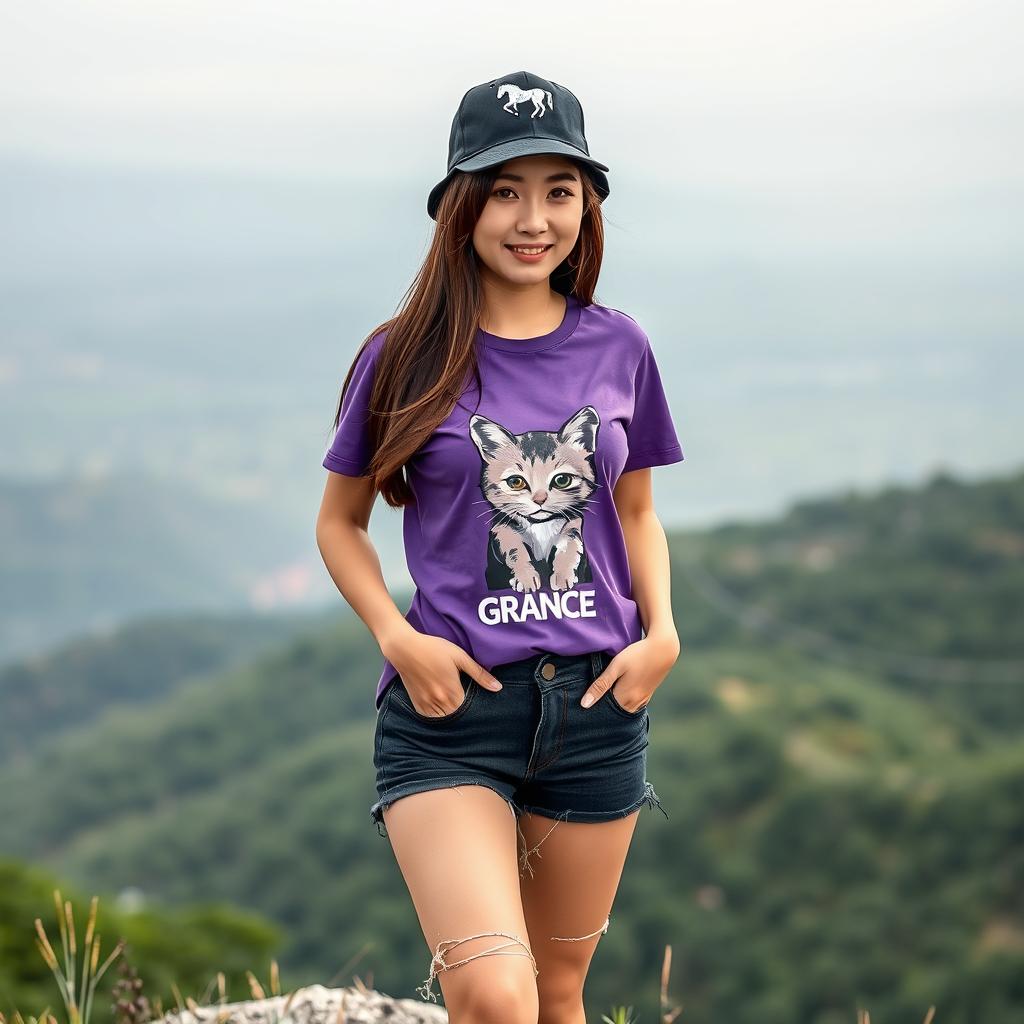 A beautiful Asian woman wearing a purple t-shirt with a cat graphic and the text 'Min Grace', paired with torn black denim shorts and sneakers