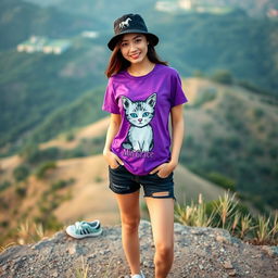 A beautiful Asian woman wearing a purple t-shirt with a cat graphic and the text 'Min Grace', paired with torn black denim shorts and sneakers