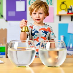 A young boy conducting an experiment, standing in front of two bowls: one filled with water and the other empty