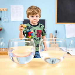 A young boy conducting an experiment, standing in front of two bowls: one filled with water and the other empty
