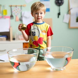 A young boy conducting an experiment, standing in front of two bowls: one filled with water and the other empty