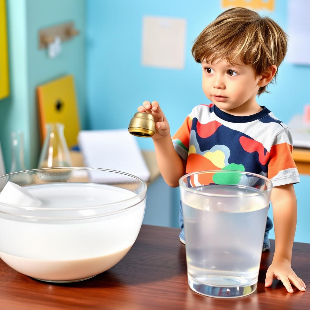 A young boy conducting an experiment, standing in front of two bowls: one filled with water and the other empty