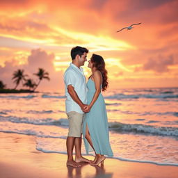 A romantic couple standing together on a picturesque beach during sunset