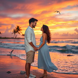 A romantic couple standing together on a picturesque beach during sunset