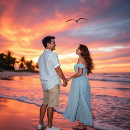 A romantic couple standing together on a picturesque beach during sunset