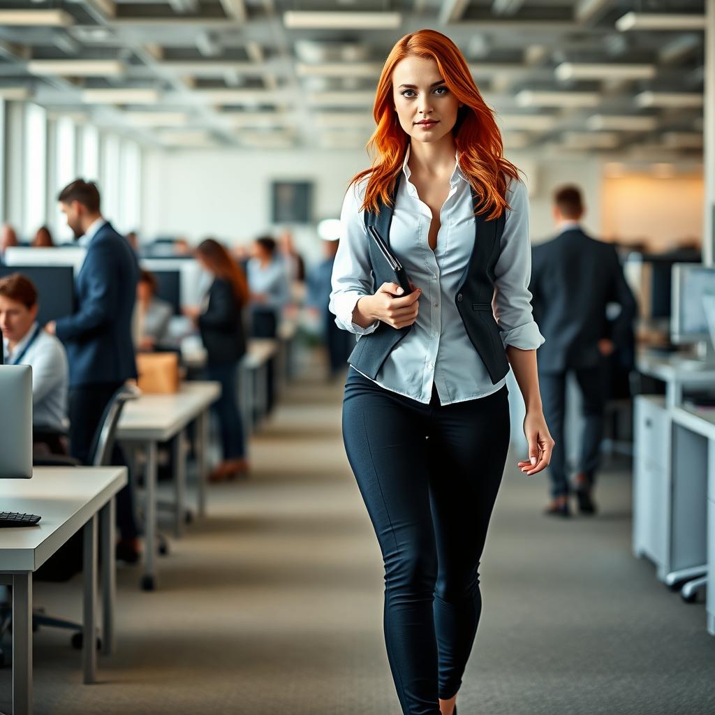 A full-length photograph of a stunning young woman secretary with flame red hair and blue eyes