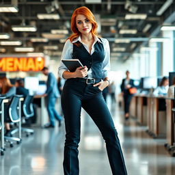 A full-length photograph of a stunning young woman secretary with flame red hair and blue eyes