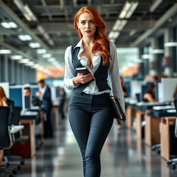 A full-length photograph of a stunning young woman secretary with flame red hair and blue eyes