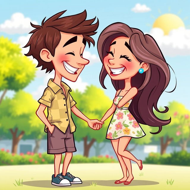 A charming cartoon couple, showcasing a joyful and loving interaction, with exaggerated features for comedic effect