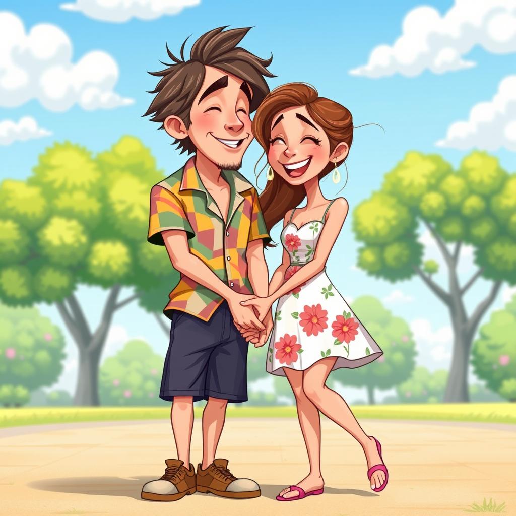 A charming cartoon couple, showcasing a joyful and loving interaction, with exaggerated features for comedic effect