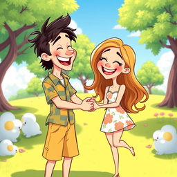 A charming cartoon couple, showcasing a joyful and loving interaction, with exaggerated features for comedic effect