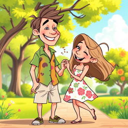 A charming cartoon couple, showcasing a joyful and loving interaction, with exaggerated features for comedic effect