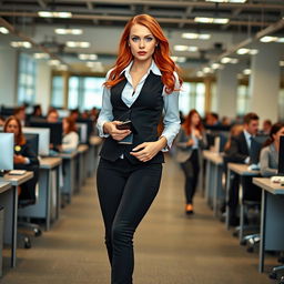 A full-length photograph of a striking young woman secretary with flame red hair and captivating blue eyes