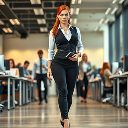 A full-length photograph of a striking young woman secretary with flame red hair and captivating blue eyes