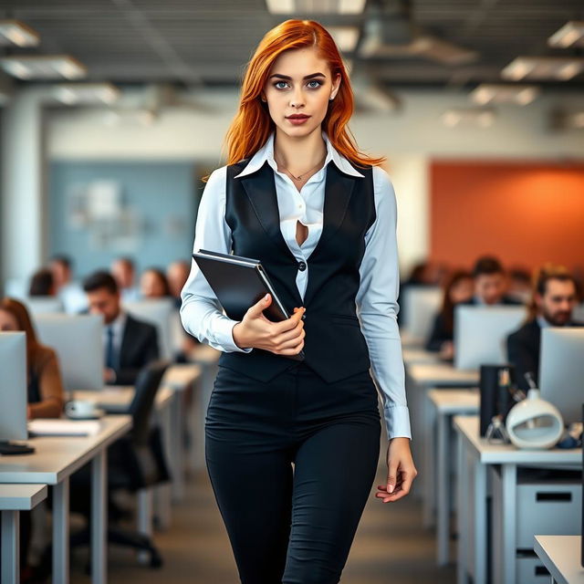 A full-length photograph of a striking young woman secretary with flame red hair and captivating blue eyes