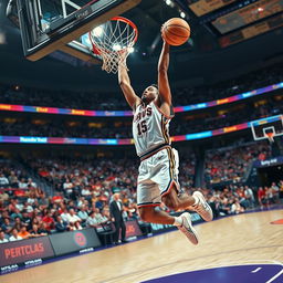 A basketball scene showcasing a legendary player attempting an impressive dunk but comically failing, captured in a dynamic, action-packed moment