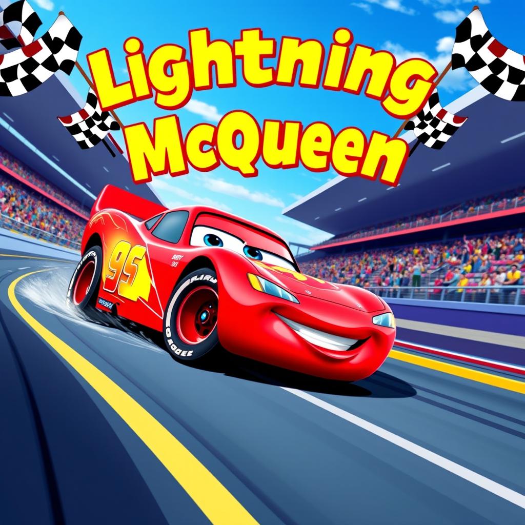 A vibrant and colorful poster featuring Lightning McQueen, the iconic red race car from the animated franchise 'Cars'