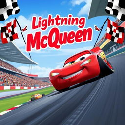 A vibrant and colorful poster featuring Lightning McQueen, the iconic red race car from the animated franchise 'Cars'