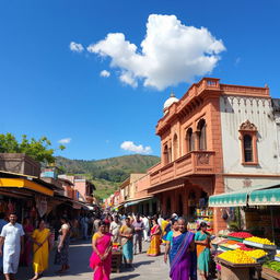 A picturesque scene of Jatni, a vibrant town in India, showcasing its lively streets filled with colorful market stalls, local vendors selling fresh fruits and vegetables, and traditional architecture with ornate designs