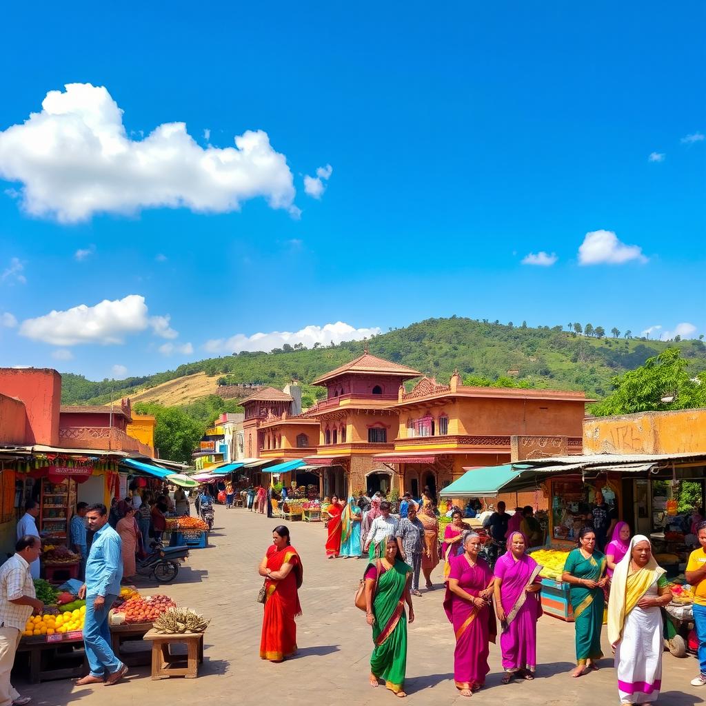 A picturesque scene of Jatni, a vibrant town in India, showcasing its lively streets filled with colorful market stalls, local vendors selling fresh fruits and vegetables, and traditional architecture with ornate designs