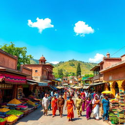 A picturesque scene of Jatni, a vibrant town in India, showcasing its lively streets filled with colorful market stalls, local vendors selling fresh fruits and vegetables, and traditional architecture with ornate designs