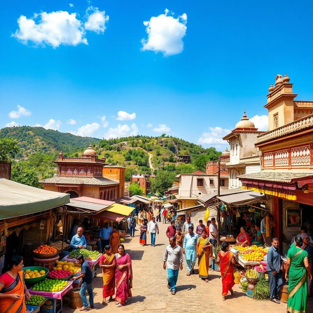 A picturesque scene of Jatni, a vibrant town in India, showcasing its lively streets filled with colorful market stalls, local vendors selling fresh fruits and vegetables, and traditional architecture with ornate designs