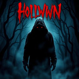 A chilling horror movie cover featuring a sinister hooded man standing in a dark, foggy forest