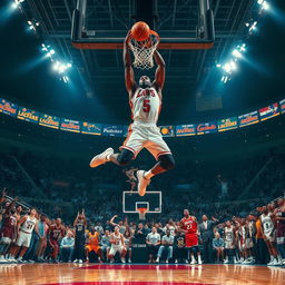 A breathtaking scene featuring a basketball player executing the most beautiful dunk on Earth, set against a vibrant backdrop of basketball legends