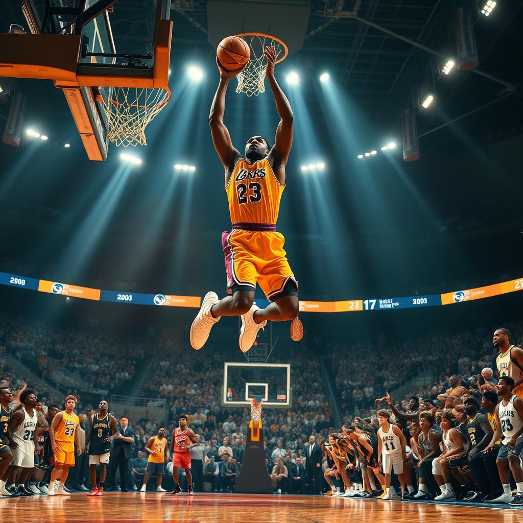 A breathtaking scene featuring a basketball player executing the most beautiful dunk on Earth, set against a vibrant backdrop of basketball legends