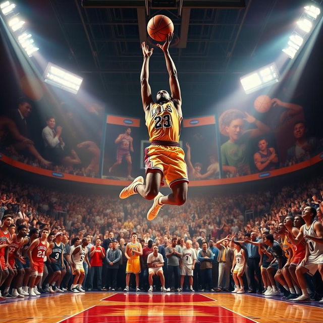 A breathtaking scene featuring a basketball player executing the most beautiful dunk on Earth, set against a vibrant backdrop of basketball legends