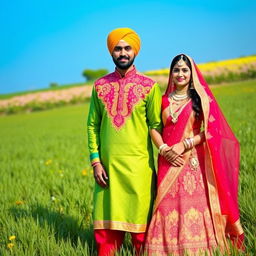 A beautiful couple representing traditional Jaat culture, dressed in vibrant ethnic attire