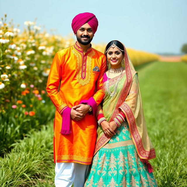 A beautiful couple representing traditional Jaat culture, dressed in vibrant ethnic attire