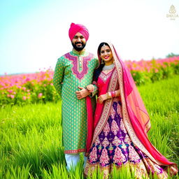 A beautiful couple representing traditional Jaat culture, dressed in vibrant ethnic attire