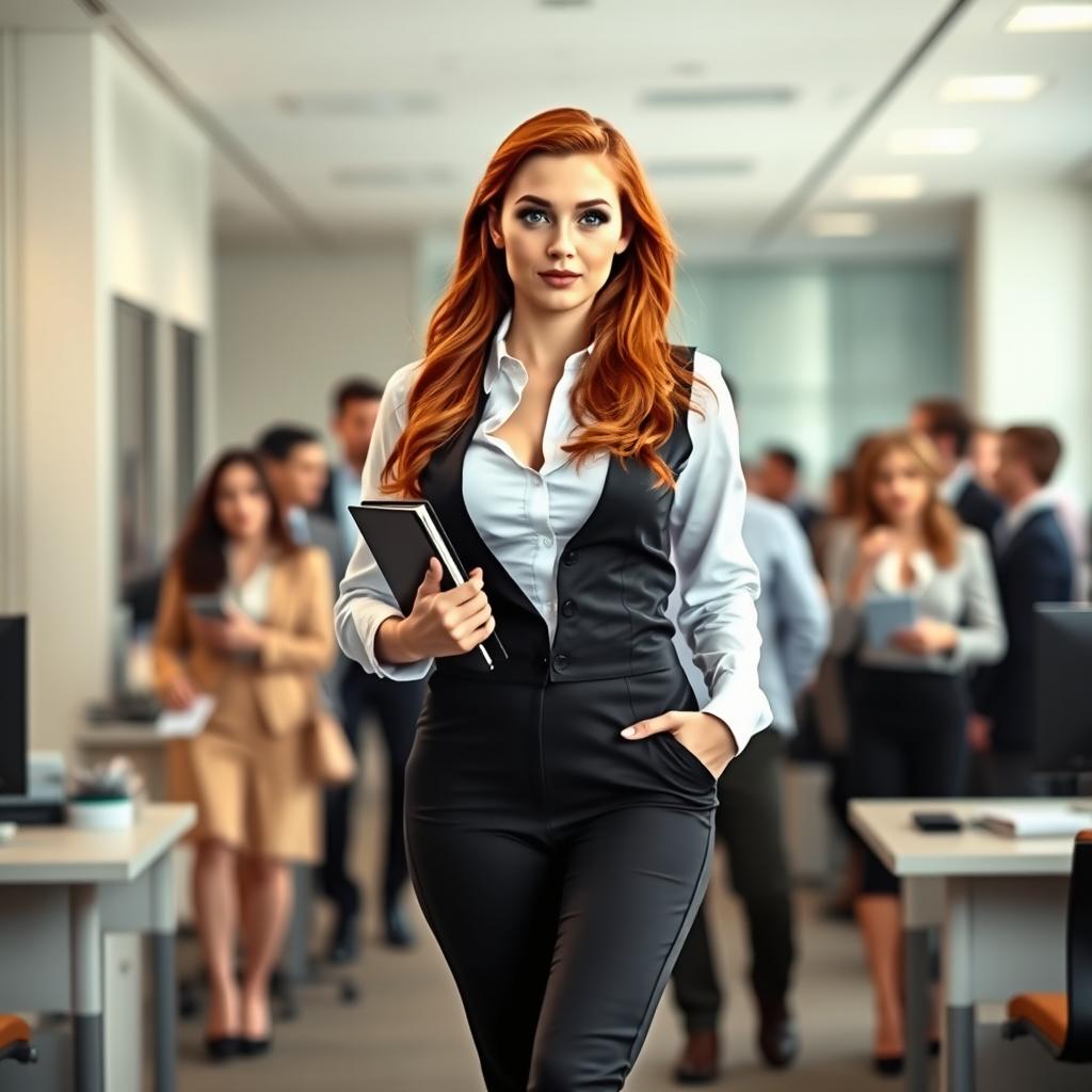 A full-length photograph of a stunning young woman secretary with flame red hair and striking blue eyes