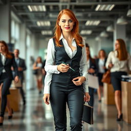 A full-length photograph of a stunning young woman secretary with flame red hair and striking blue eyes