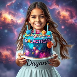 A stunning portrait of a girl holding a birthday cake decorated with a galaxy theme