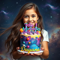 A stunning portrait of a girl holding a birthday cake decorated with a galaxy theme