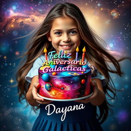 A stunning portrait of a girl holding a birthday cake decorated with a galaxy theme