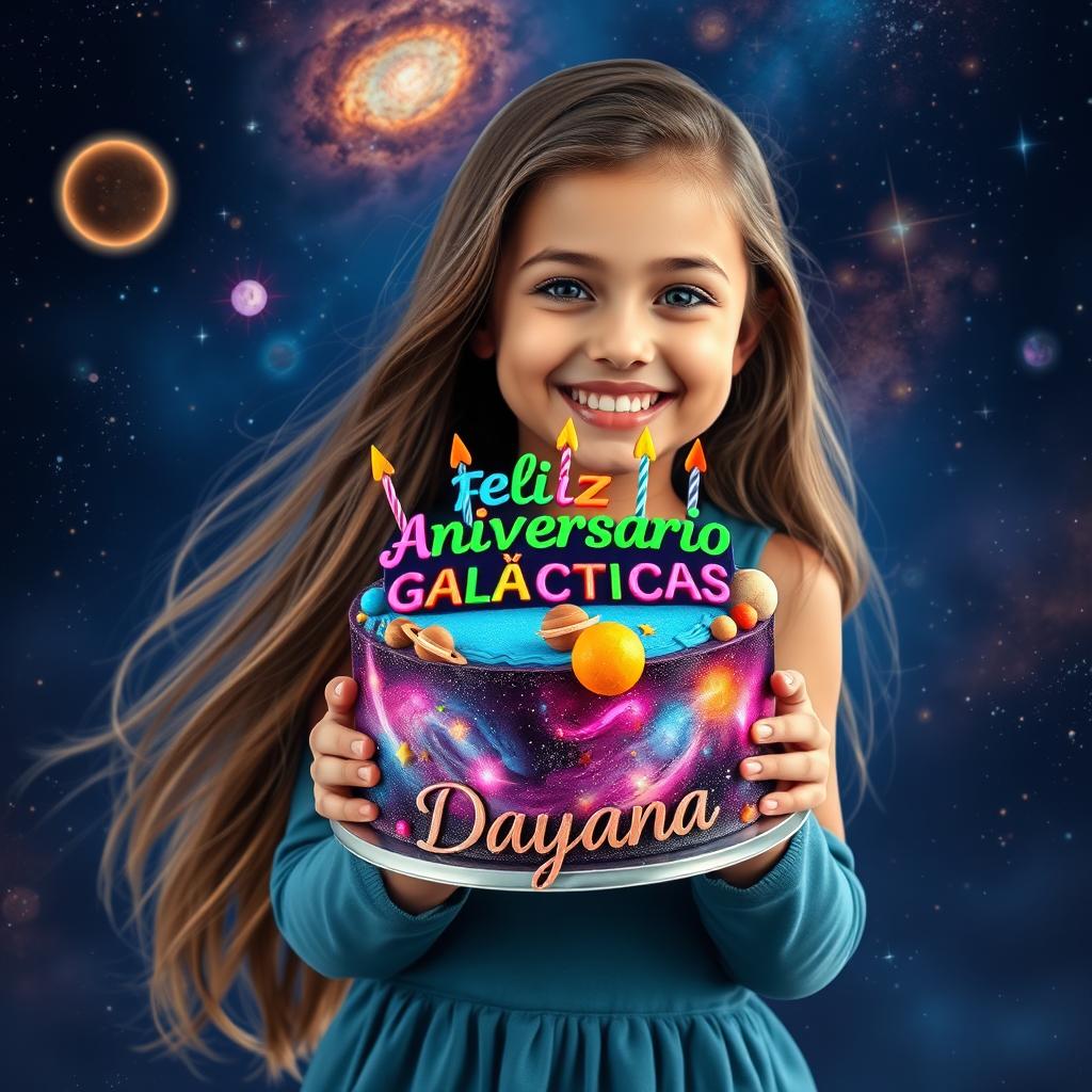 A stunning portrait of a girl holding a birthday cake decorated with a galaxy theme