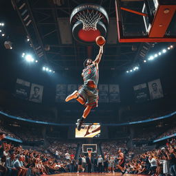 A stunning basketball scene featuring a legendary player soaring through the air in an awe-inspiring slam dunk, surrounded by iconic images of basketball legends in the background