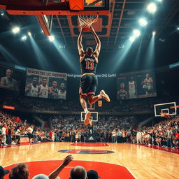 A stunning basketball scene featuring a legendary player soaring through the air in an awe-inspiring slam dunk, surrounded by iconic images of basketball legends in the background