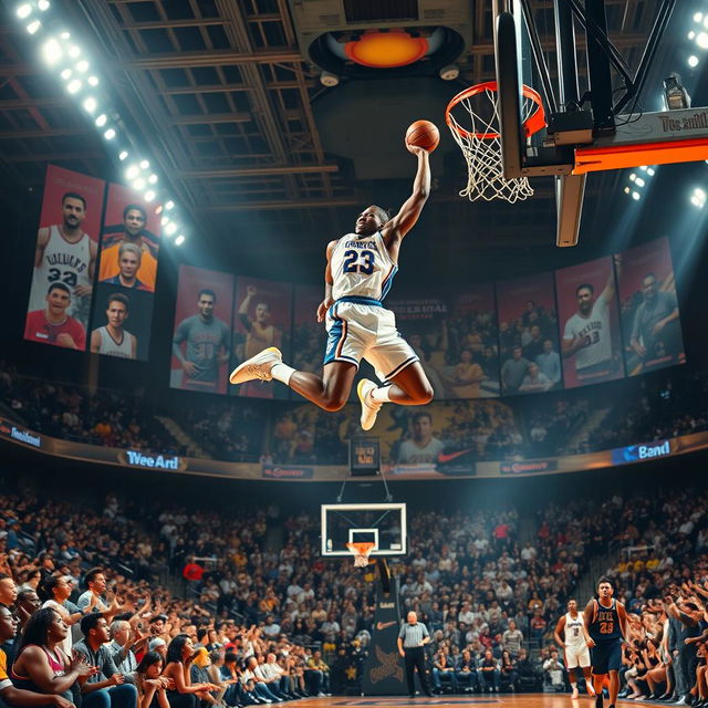 A stunning basketball scene featuring a legendary player soaring through the air in an awe-inspiring slam dunk, surrounded by iconic images of basketball legends in the background