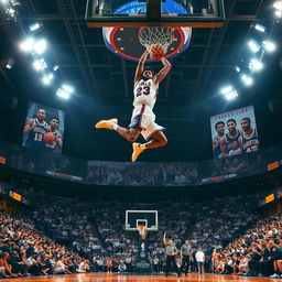 A stunning basketball scene featuring a legendary player soaring through the air in an awe-inspiring slam dunk, surrounded by iconic images of basketball legends in the background